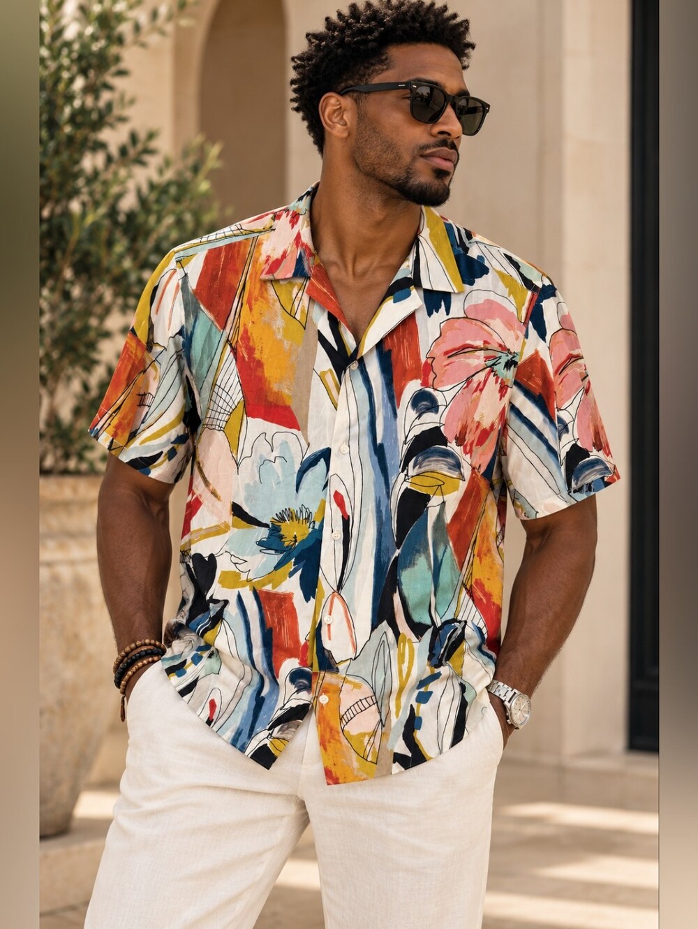 Zara Men Relaxed Fit Abstract Floral Button-Down Shirt Short Sleeve Camp Collar